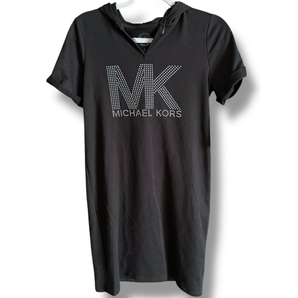 MK Michael Kors Hoodie Dress cover-up Rhinestone Logo Short Sleeve Casual XS